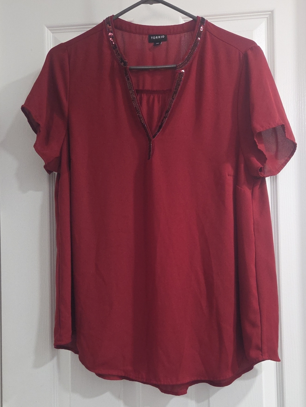 torrid Deep Red Short Sleeve V-Neck Blouse with Sequin Trim